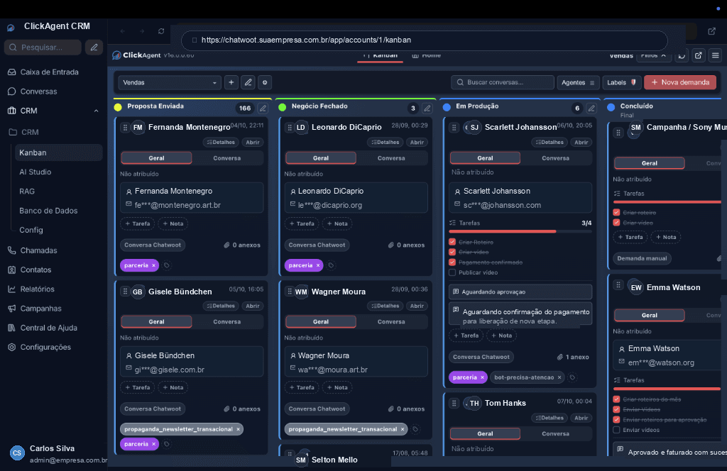Kanban ClickAgent integrado dentro da interface do Chatwoot