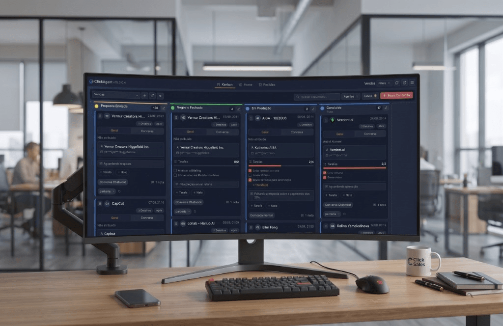 Kanban ClickAgent em monitor profissional integrado ao Chatwoot