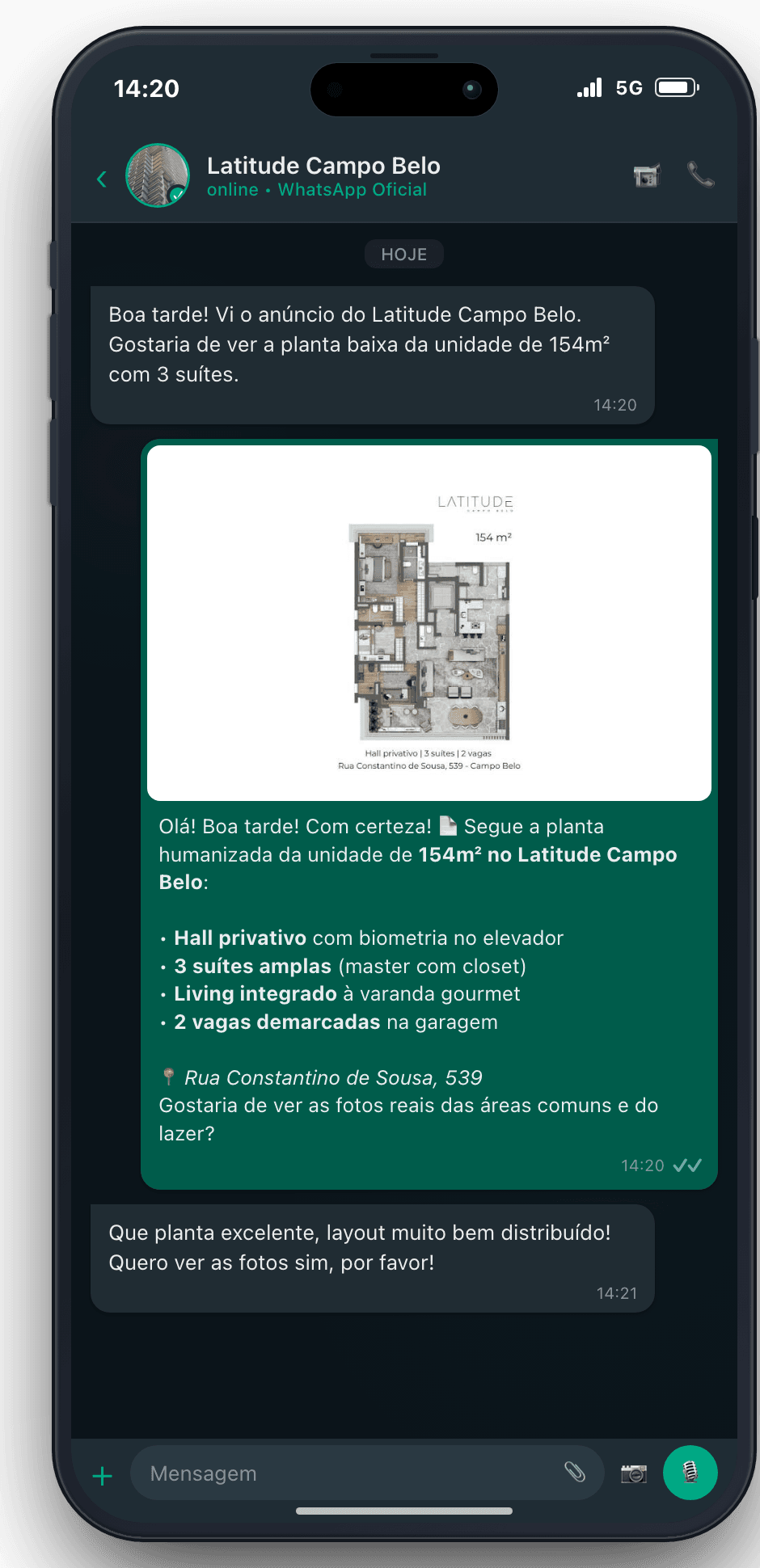 WhatsApp Realista no iPhone 17 - SDR Imobiliário com Envio de Planta Baixa Humanizada do Latitude Campo Belo