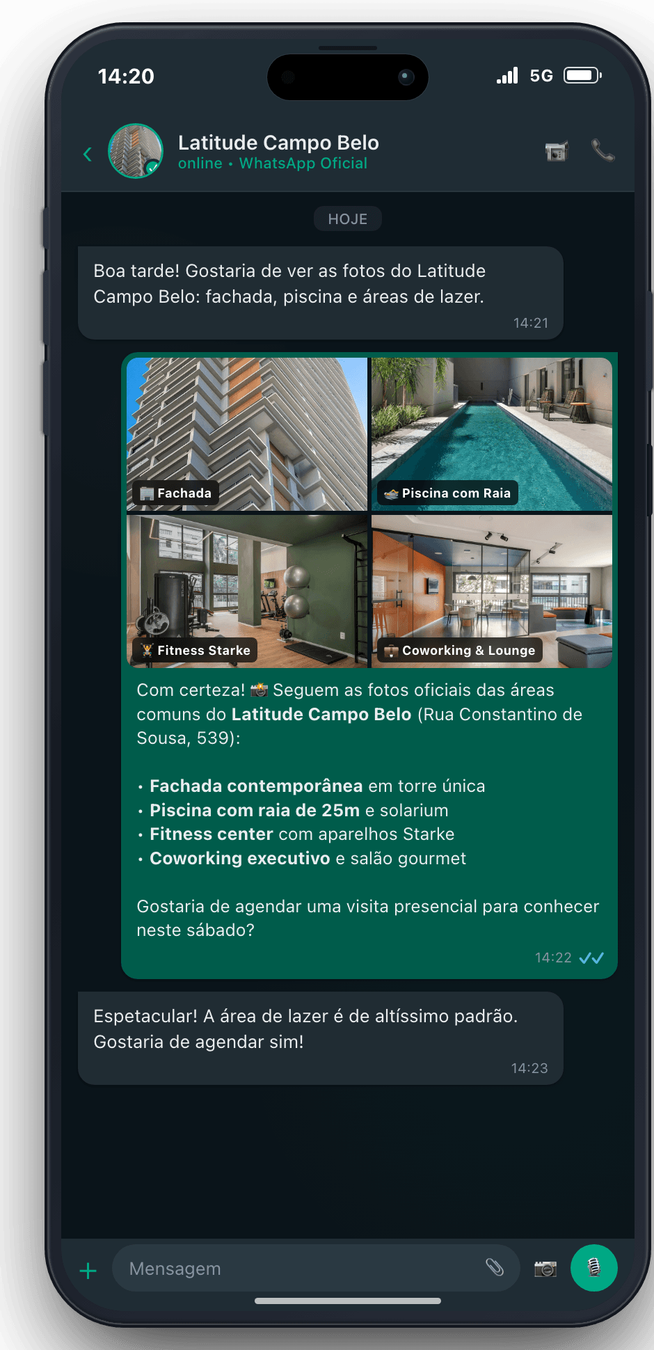WhatsApp Realista no iPhone 17 - SDR Imobiliário com Álbum de Fotos Agrupadas do Latitude Campo Belo