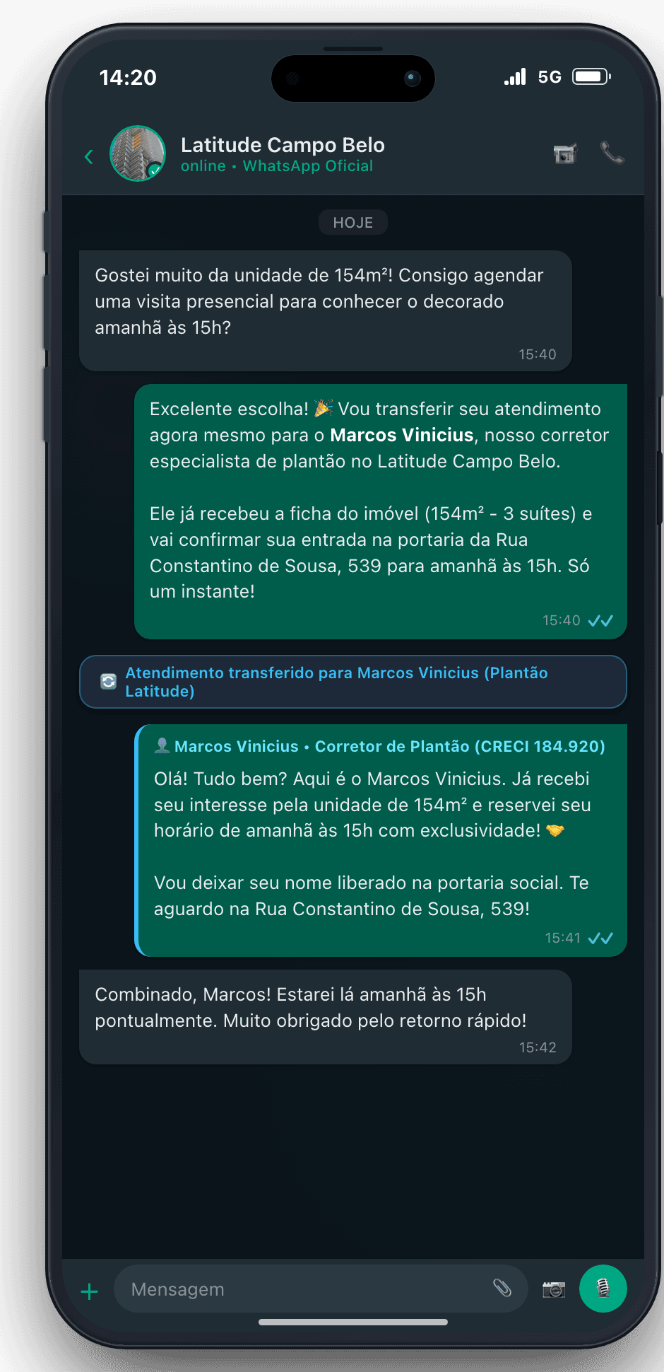 WhatsApp Realista no iPhone 17 - SDR Imobiliário com Transferência para o Corretor de Plantão